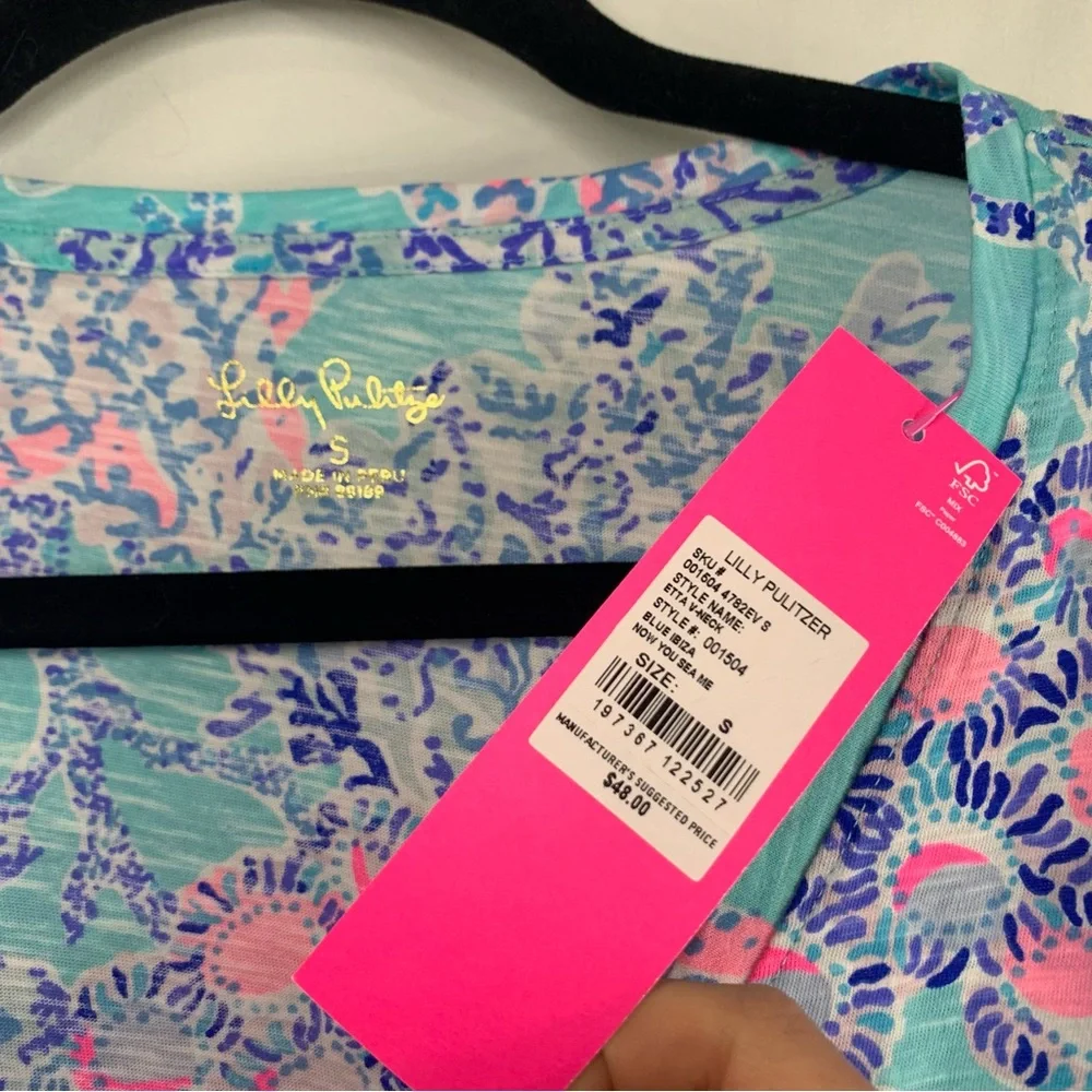 NWT Lilly Pulitzer Etta V-Neck Tee Blue Ibiza “Now You Sea Me”, Size S - Picture 3 of 7